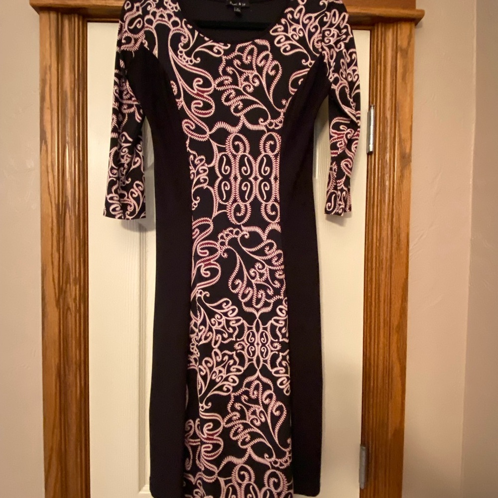 Sami & Jo Womens Elegant Black Patterned Colorblock Slimming Dress Sz S